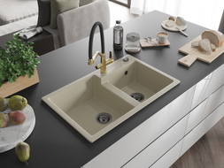 Mexen Tomas 2-bowl Granite Sink with Duo Kitchen Faucet, Beige - 6516-69-671701-57-B