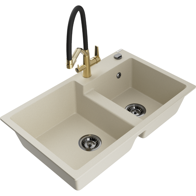 Mexen Tomas 2-bowl granite kitchen sink with Duo tap, beige - 6516-69-671701-57-B