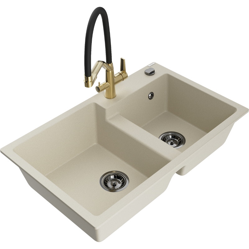 Mexen Tomas 2-chamber granite kitchen sink with Duo tap, beige - 6516-69-671701-57-B