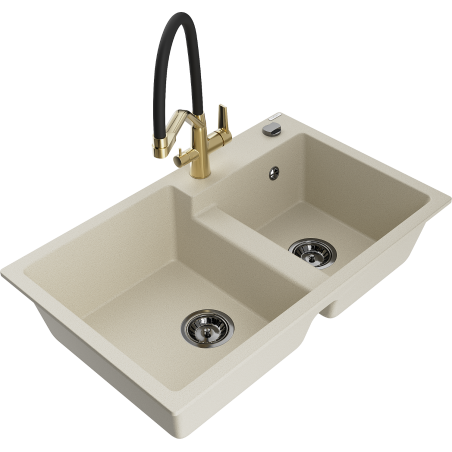 Mexen Tomas 2-bowl granite kitchen sink with Duo tap, beige - 6516-69-671701-57-B