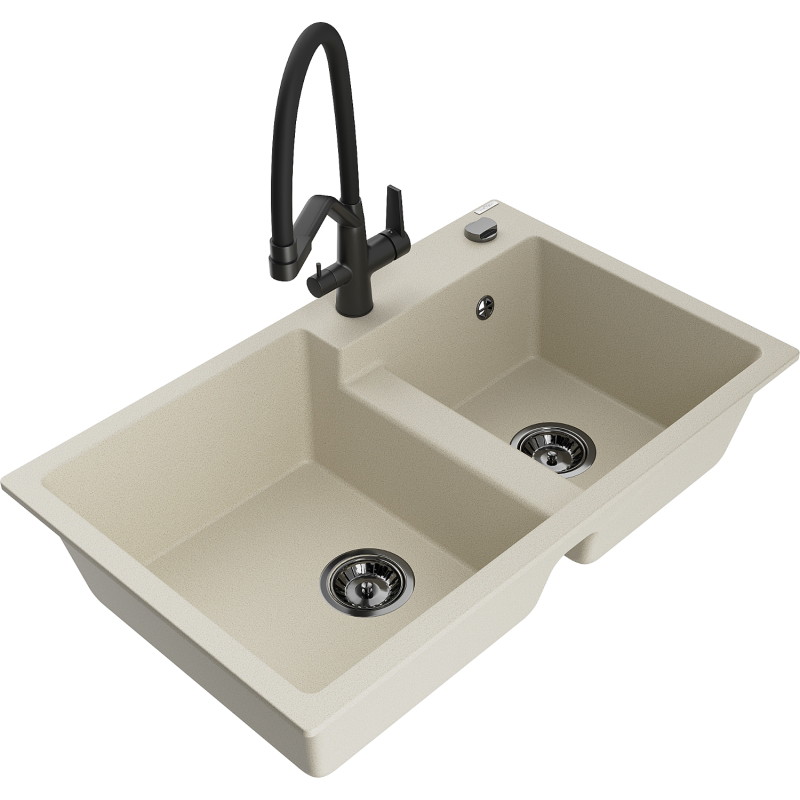 Mexen Tomas granite double-bowl kitchen sink with Duo faucet, beige - 6516-69-671701-70-B