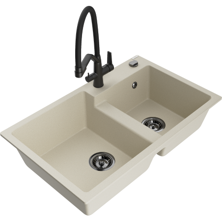 Mexen Tomas granite double-bowl kitchen sink with Duo faucet, beige - 6516-69-671701-70-B