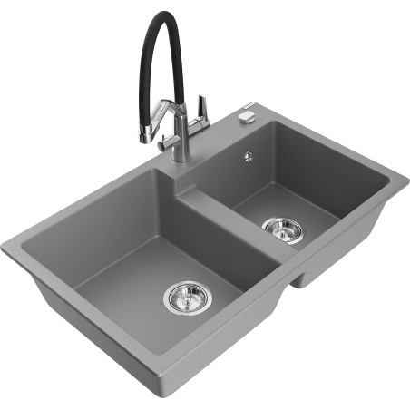 Mexen Tomas granite double-bowl sink with Duo kitchen faucet, gray - 6516-71-671701-07