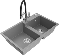Mexen Tomas granite kitchen sink 2-compartment with Duo kitchen faucet, gray - 6516-71-671701-07