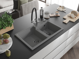 Mexen Tomas granite double-bowl kitchen sink with Duo faucet, gray - 6516-71-671701-07-B