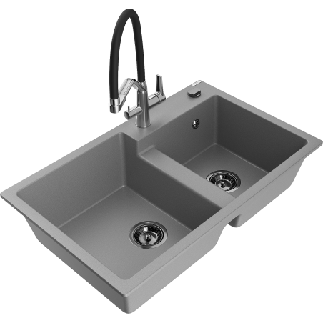 Mexen Tomas granite double-bowl kitchen sink with Duo faucet, gray - 6516-71-671701-07-B
