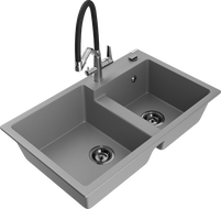 Mexen Tomas 2-compartment granite sink with Duo kitchen faucet, gray - 6516-71-671701-07-B