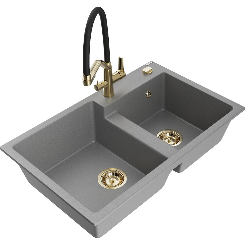 Mexen Tomas 2-bowl granite sink with Duo kitchen faucet, gray - 6516-71-671701-57-G