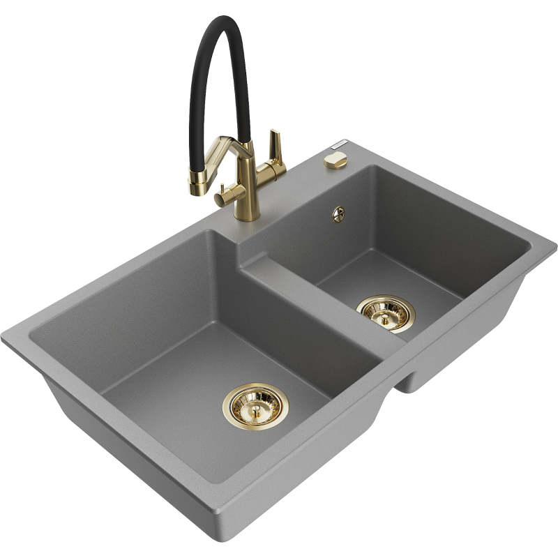 Mexen Tomas granite 2-bowl sink with Duo kitchen tap, grey - 6516-71-671701-57-G