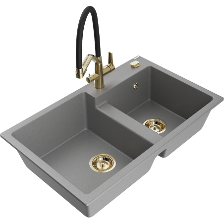 Mexen Tomas granite 2-bowl sink with Duo kitchen tap, grey - 6516-71-671701-57-G
