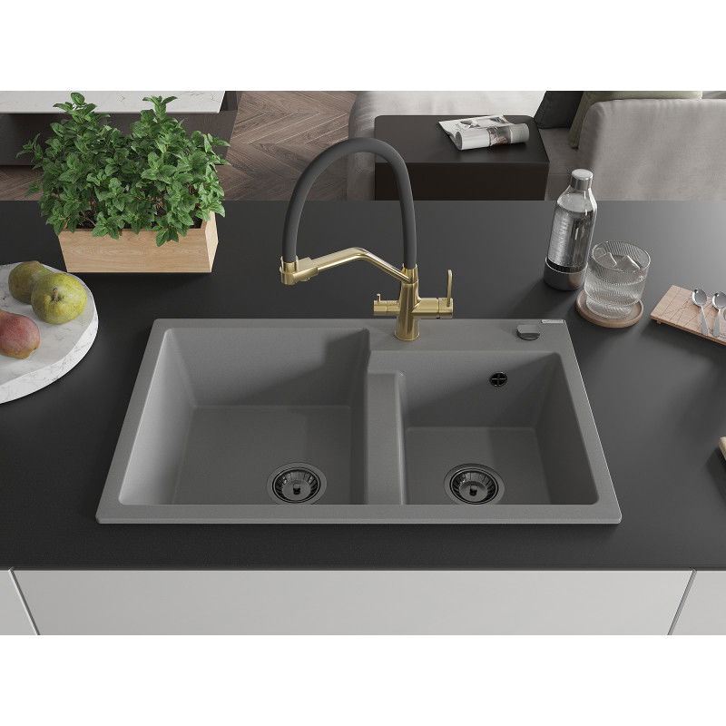 Mexen Tomas granite double bowl kitchen sink with Duo tap, grey - 6516-71-671701-57-B