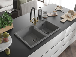 Mexen Tomas 2-compartment granite sink with a kitchen mixer tap Duo, grey - 6516-71-671701-57-B