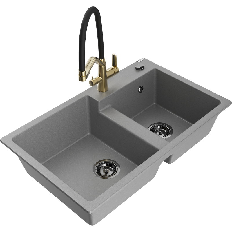 Mexen Tomas granite double-bowl kitchen sink with Duo faucet, gray - 6516-71-671701-57-B