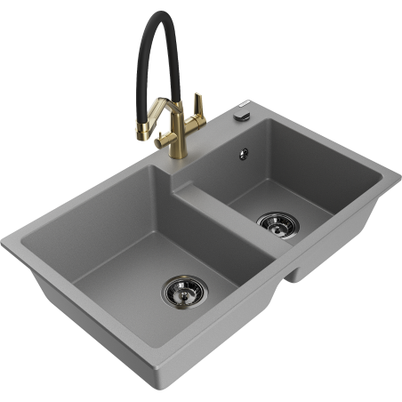 Mexen Tomas 2-chamber granite sink with Duo kitchen faucet, gray - 6516-71-671701-57-B