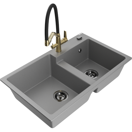 Mexen Tomas granite double-bowl kitchen sink with Duo faucet, gray - 6516-71-671701-57-B
