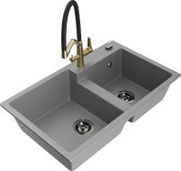 Mexen Tomas granite double-bowl kitchen sink with Duo faucet, gray - 6516-71-671701-57-B