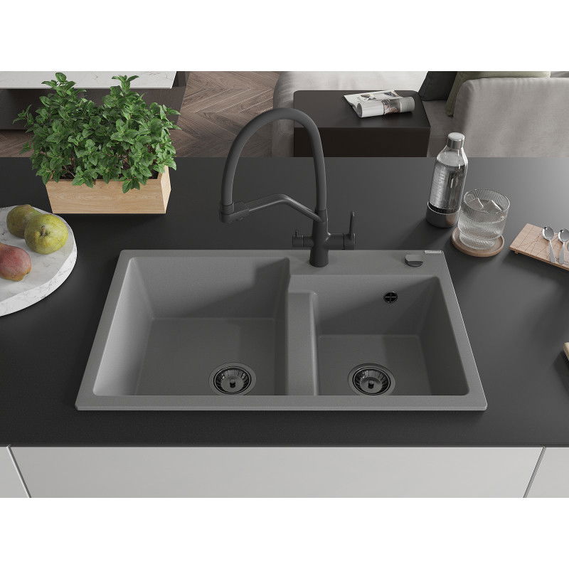 Mexen Tomas granite sink with 2 bowls and Duo kitchen tap, grey - 6516-71-671701-70-B