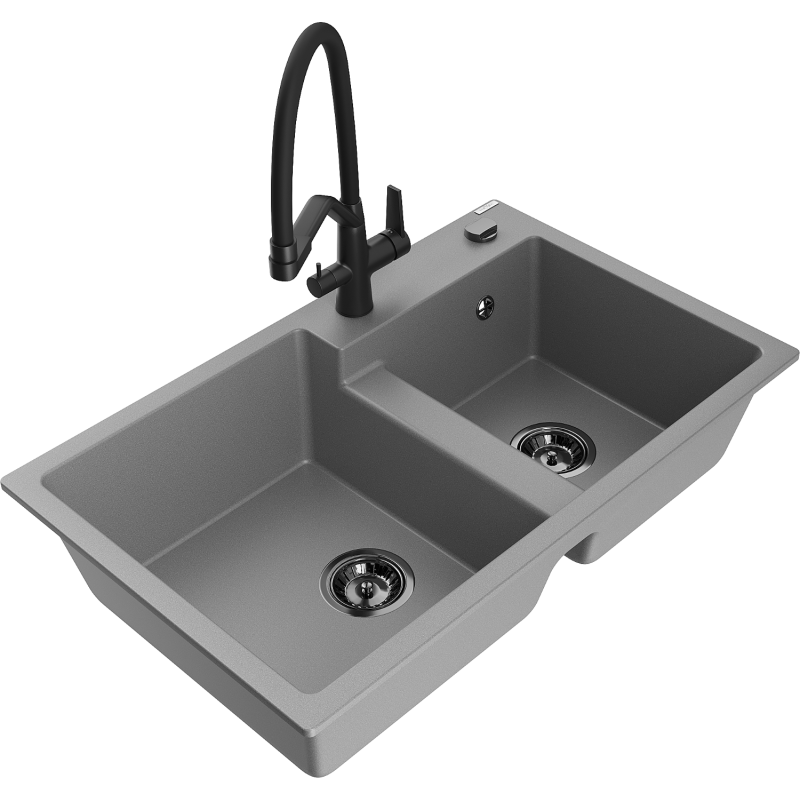 Mexen Tomas 2-compartment granite sink with a kitchen mixer tap Duo, grey - 6516-71-671701-70-B