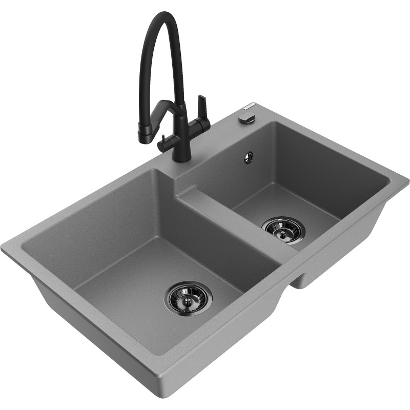 Mexen Tomas granite double-bowl kitchen sink with Duo faucet, gray - 6516-71-671701-70-B