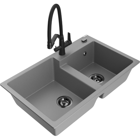 Mexen Tomas granite double-bowl kitchen sink with Duo faucet, gray - 6516-71-671701-70-B
