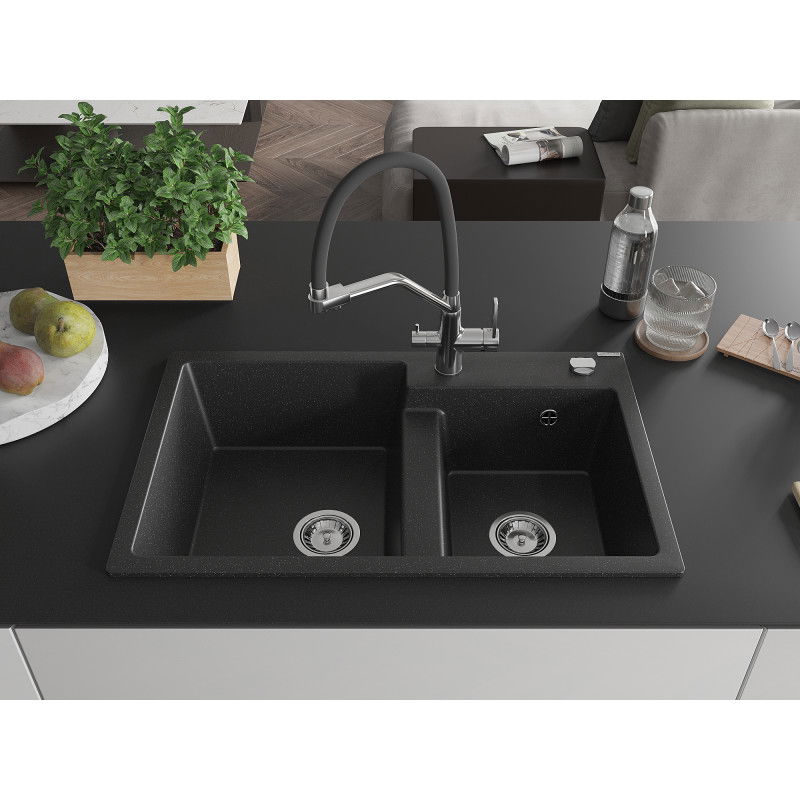 Mexen Tomas 2-bowl granite sink with Duo kitchen tap, black/silver metallic - 6516-73-671701-07