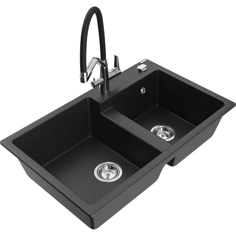 Mexen Tomas 2-compartment granite sink with a kitchen mixer tap Duo, Black/ silver metallic - 6516-73-671701-07