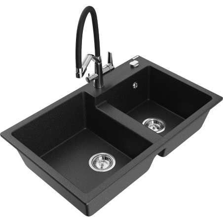 Mexen Tomas 2-bowl granite sink with Duo kitchen tap, black/silver metallic - 6516-73-671701-07