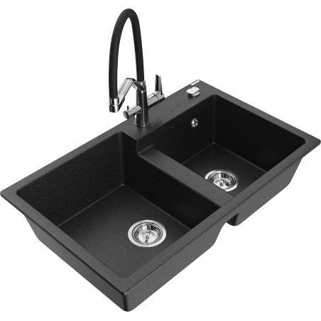 Mexen Tomas granite sink 2-chamber with Duo kitchen faucet, black/silver metallic - 6516-73-671701-07