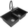 Mexen Tomas granite sink 2-chamber with Duo kitchen faucet, black/silver metallic - 6516-73-671701-07