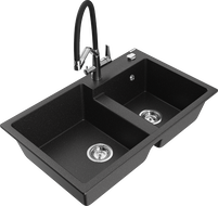 Mexen Tomas granite sink 2-chamber with Duo kitchen faucet, black/silver metallic - 6516-73-671701-07