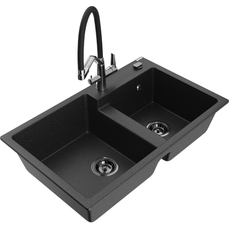 Mexen Tomas granite double-bowl kitchen sink with Duo faucet, black/silver metallic - 6516-73-671701-07-B