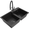 Mexen Tomas granite double-bowl kitchen sink with Duo faucet, black/silver metallic - 6516-73-671701-07-B
