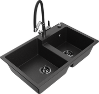Mexen Tomas granite double-bowl sink with Duo kitchen faucet, black/silver metallic - 6516-73-671701-07-B
