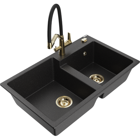 Mexen Tomas 2-compartment granite sink with a kitchen mixer tap Duo, Black/ silver metallic - 6516-73-671701-57-G