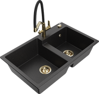 Mexen Tomas 2-bowl granite sink with Duo kitchen tap, black/silver metallic - 6516-73-671701-57-G