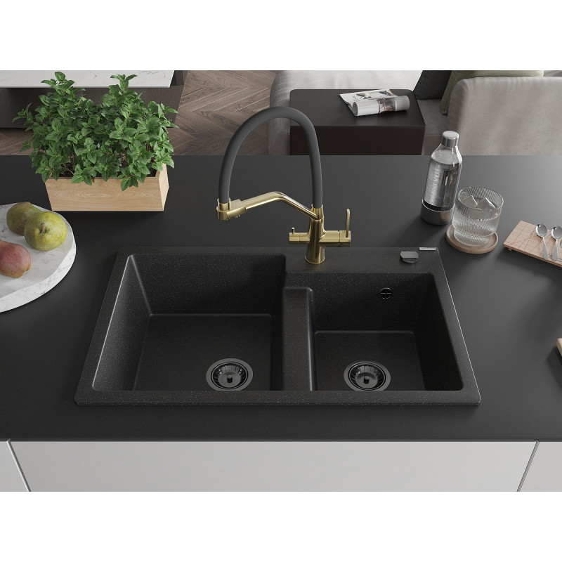 Mexen Tomas granite double-bowl kitchen sink with Duo faucet, black/silver metallic - 6516-73-671701-57-B