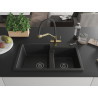 Mexen Tomas granite double-bowl kitchen sink with Duo faucet, black/silver metallic - 6516-73-671701-57-B