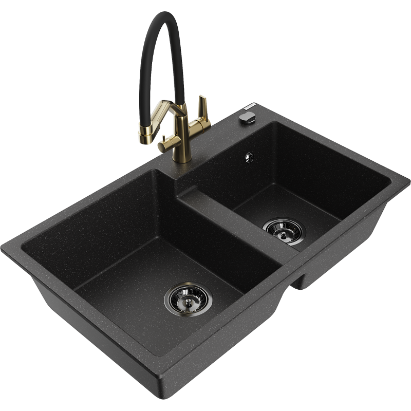 Mexen Tomas granite sink with 2 compartments and Duo kitchen tap, black/silver metallic - 6516-73-671701-57-B