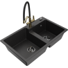 Mexen Tomas granite double-bowl kitchen sink with Duo faucet, black/silver metallic - 6516-73-671701-57-B