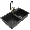 Mexen Tomas granite double-bowl kitchen sink with Duo kitchen faucet, black/silver metallic - 6516-73-671701-57-B