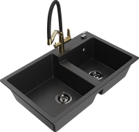 Mexen Tomas granite double-bowl kitchen sink with Duo faucet, black/silver metallic - 6516-73-671701-57-B