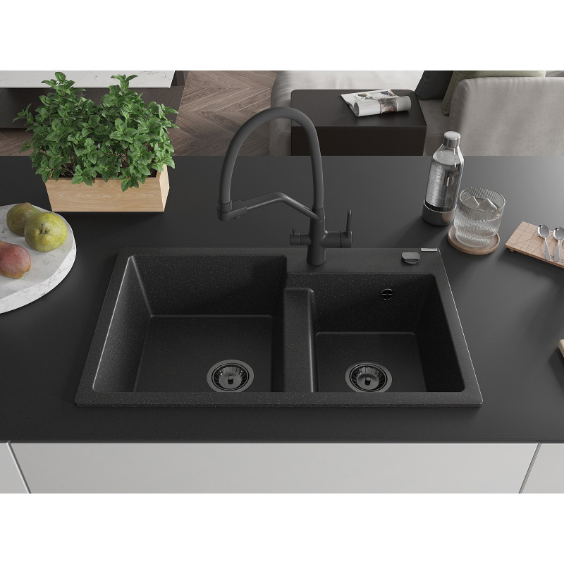 Mexen Tomas granite sink 2-chamber with kitchen faucet Duo, black/silver metallic - 6516-73-671701-70-B