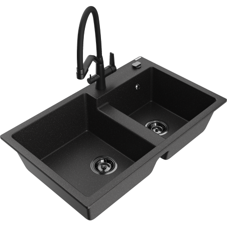Mexen Tomas granite 2-bowl kitchen sink with Duo tap, black/silver metallic - 6516-73-671701-70-B