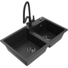 Mexen Tomas granite 2-bowl kitchen sink with Duo tap, black/silver metallic - 6516-73-671701-70-B