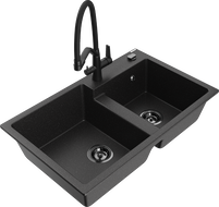 Mexen Tomas granite sink 2-chamber with kitchen faucet Duo, black/silver metallic - 6516-73-671701-70-B