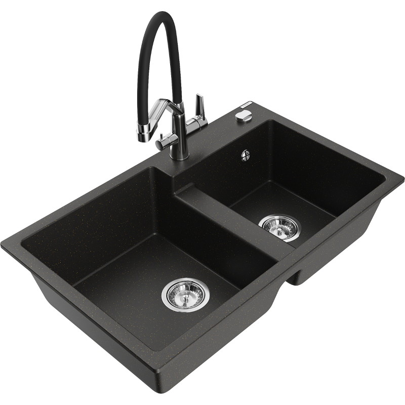 Mexen Tomas 2-Bowl Granite Kitchen Sink with Duo Faucet, Black/Gold Metallic - 6516-75-671701-07