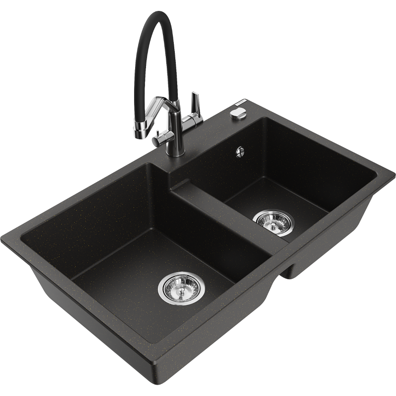 Mexen Tomas 2-compartment granite sink with a kitchen mixer tap Duo, Black/ gold metallic - 6516-75-671701-07