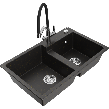 Mexen Tomas 2-Bowl Granite Kitchen Sink with Duo Faucet, Black/Gold Metallic - 6516-75-671701-07