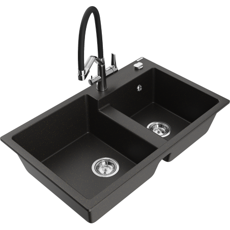 Mexen Tomas 2-bowl granite sink with Duo kitchen faucet, black/gold metallic - 6516-75-671701-07