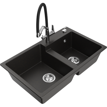 Mexen Tomas granite sink 2-bowl with Duo kitchen tap, black/gold metallic - 6516-75-671701-07